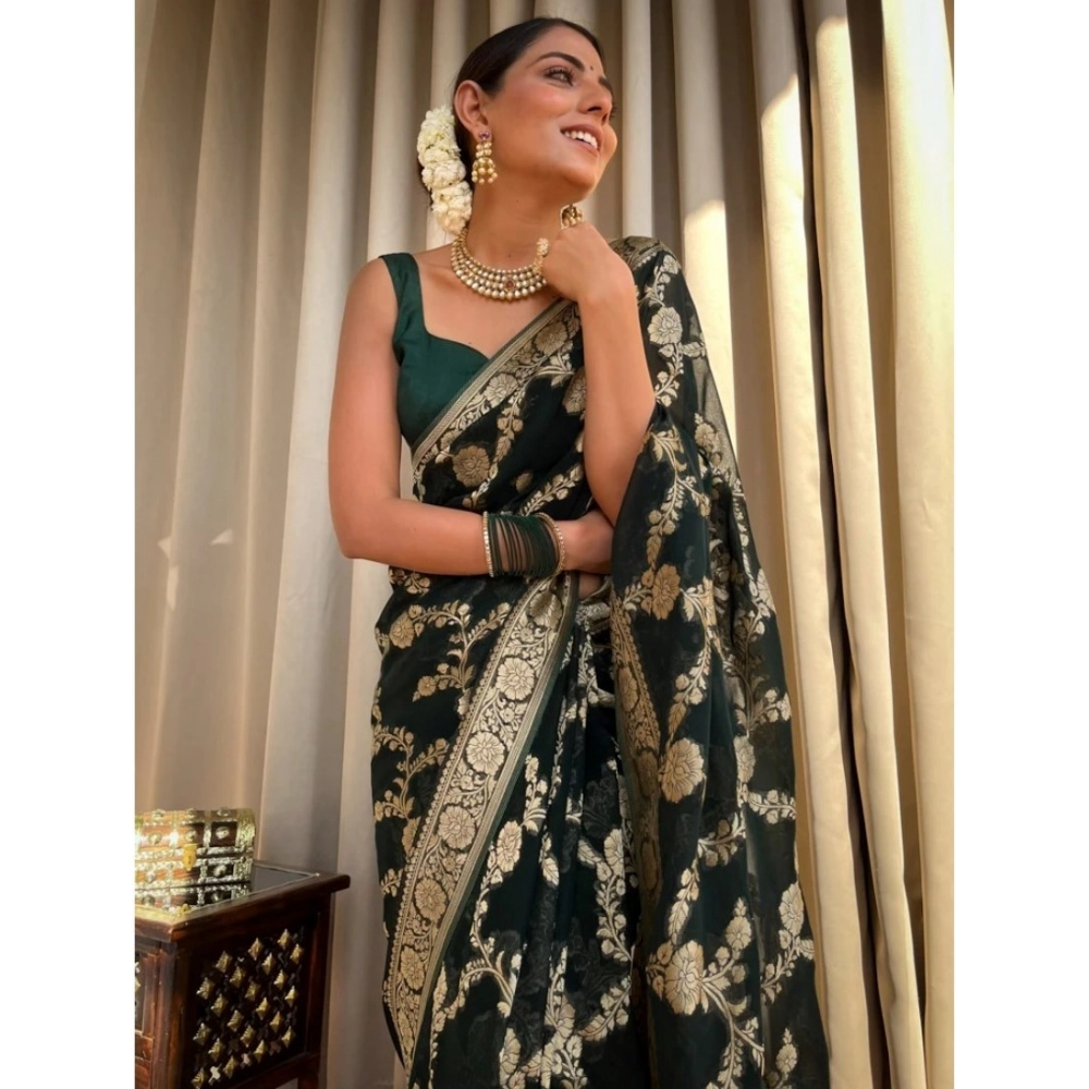 Women's Silk Printed Saree With Unstitched Blouse 5.5Mtr (Dark Green) - Image 2