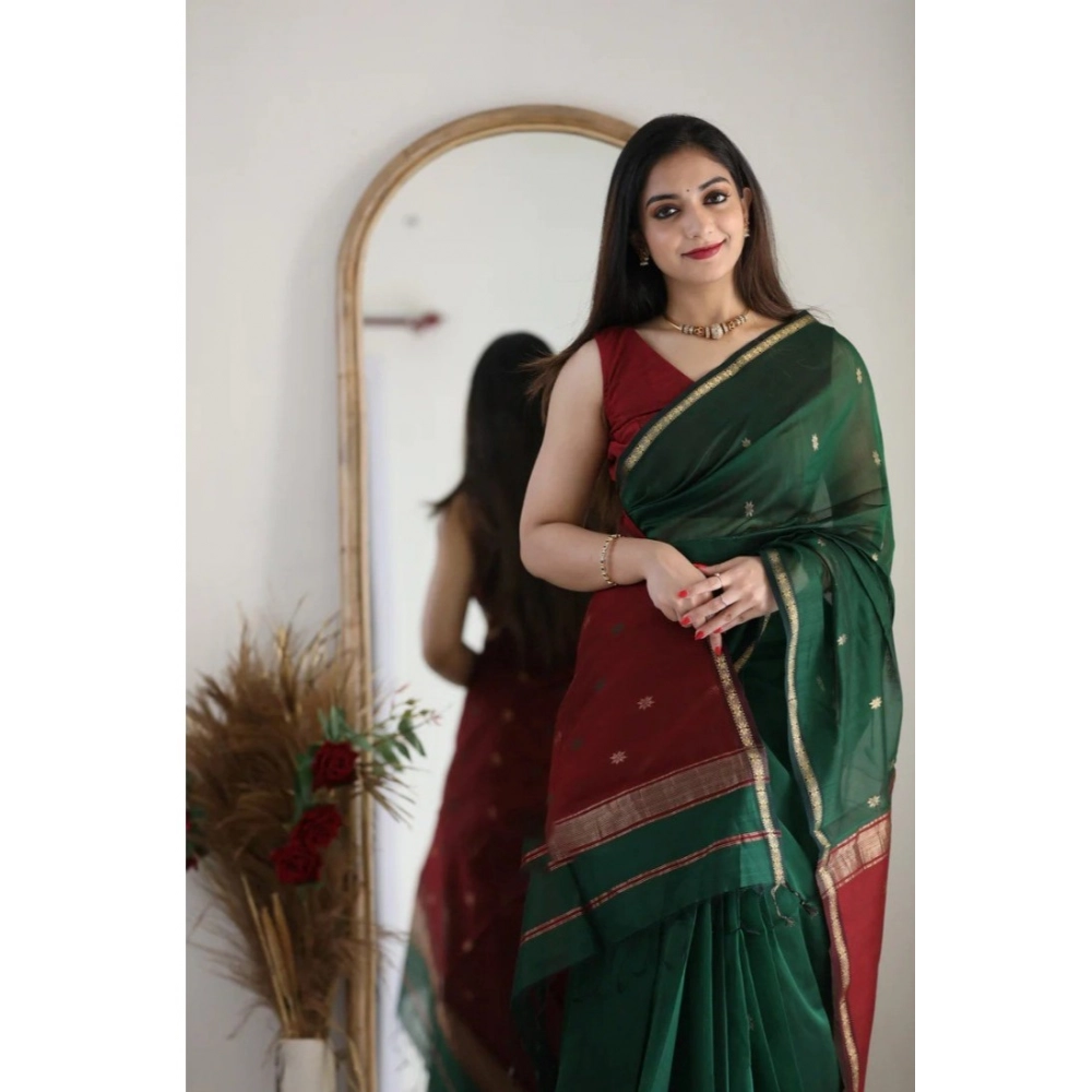 Women's Cotton Printed Saree With Unstitched Blouse 5.5Mtr (Dark Green) - Image 2