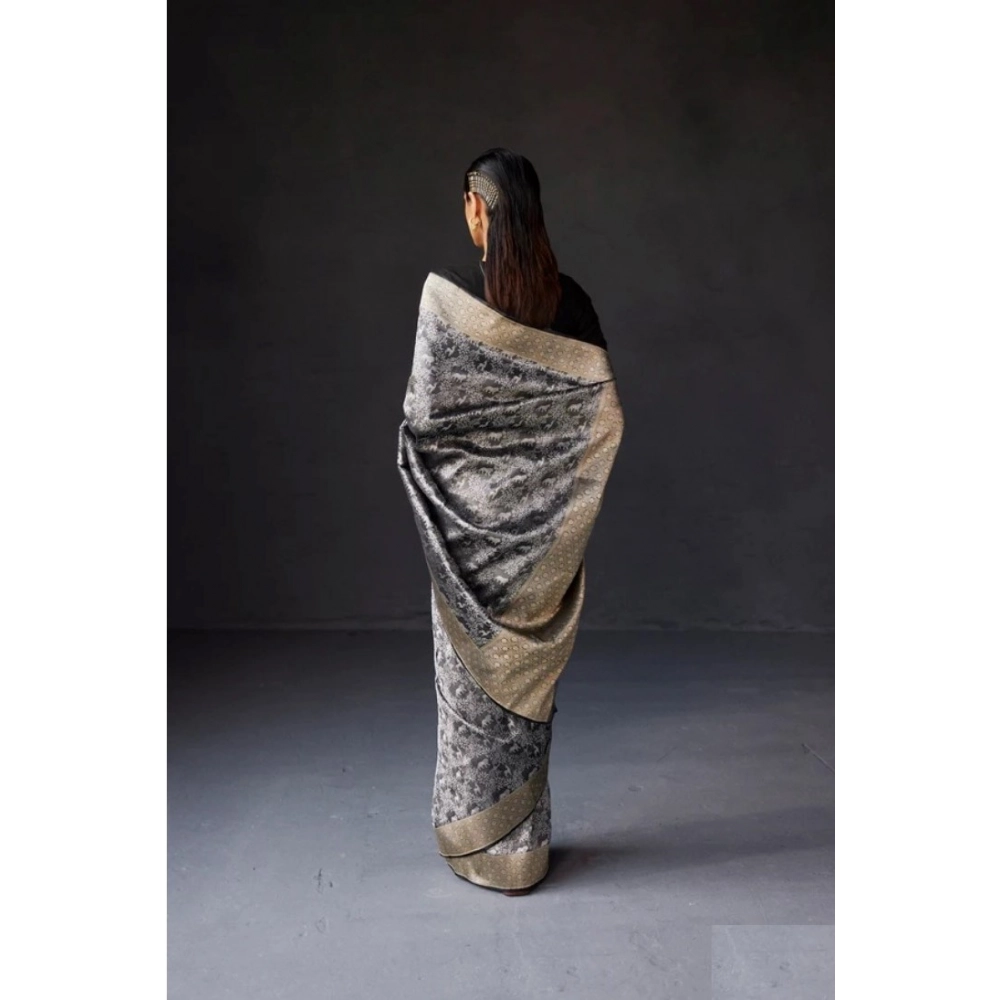 Women's Silk Printed Saree With Unstitched Blouse 5.5Mtr (Grey) - Image 3