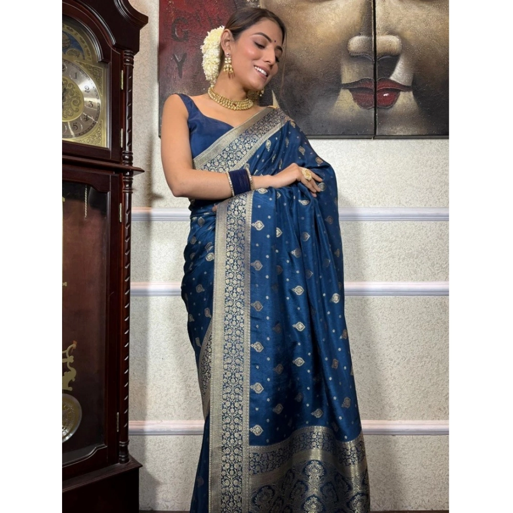 Women's Silk Printed Saree With Unstitched Blouse 5.5Mtr (Rama) - Image 2