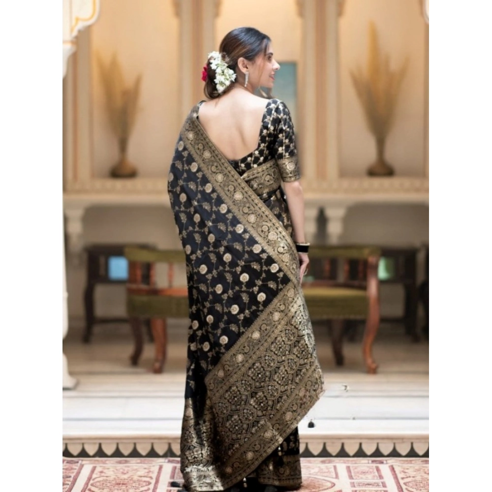 Women's Silk Printed Saree With Unstitched Blouse 5.5Mtr (Black) - Image 3