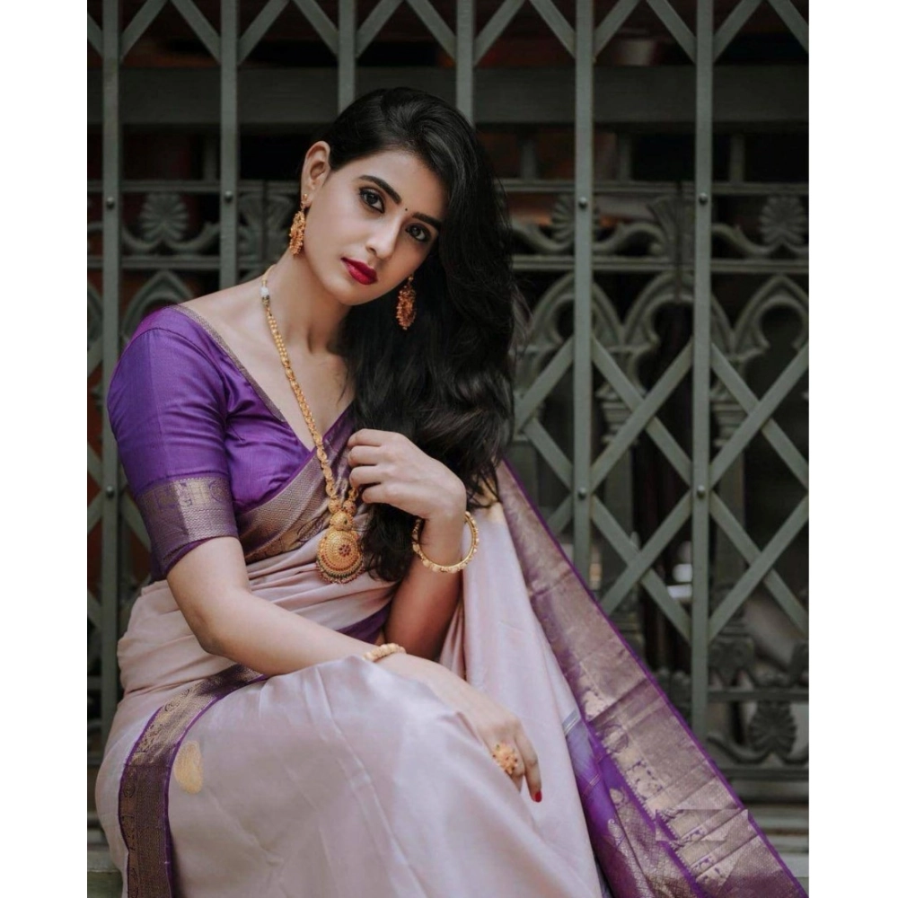 Women's Silk Printed Saree With Unstitched Blouse 5.5Mtr (Purple) - Image 3
