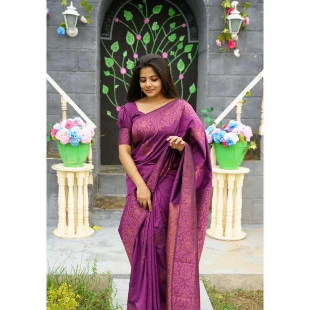 Women's Silk Printed Saree With Unstitched Blouse 5.5Mtr (Purple) - Image 3