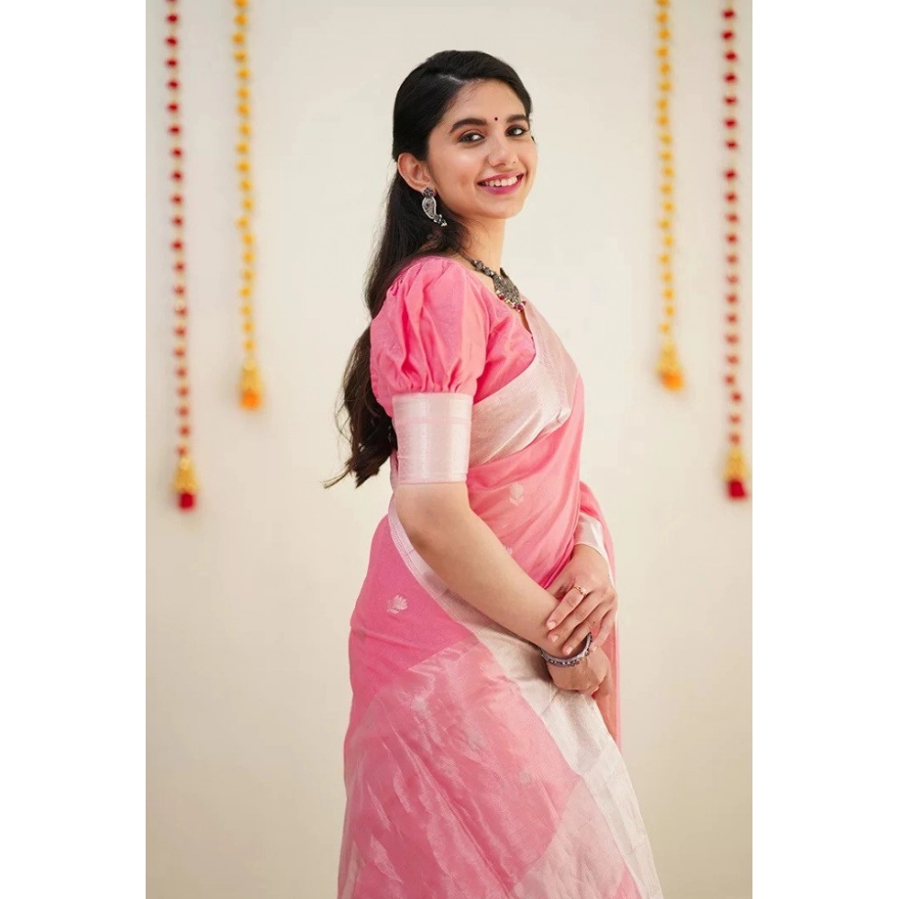 Women's Cotton Printed Saree With Unstitched Blouse 5.5Mtr (Pink) - Image 3