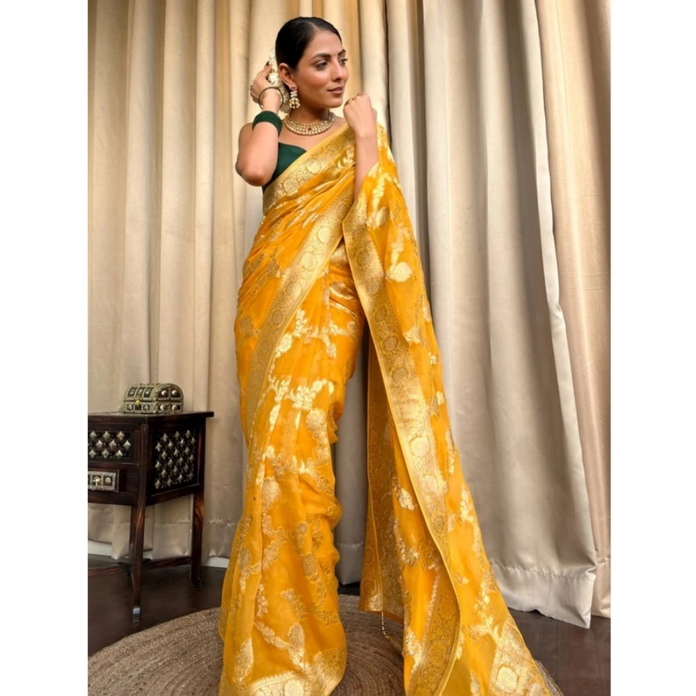 Women's Silk Printed Saree With Unstitched Blouse 5.5Mtr (Gold Yellow) - Image 3