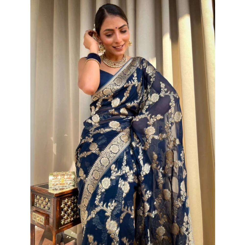Women's Silk Printed Saree With Unstitched Blouse 5.5Mtr (Dark Blue) 2 Women's Silk Printed Saree With Unstitched Blouse 5.5Mtr (Dark Blue) - Image 2