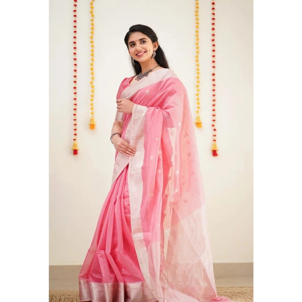Women's Cotton Printed Saree With Unstitched Blouse 5.5Mtr (Pink) - Image 2