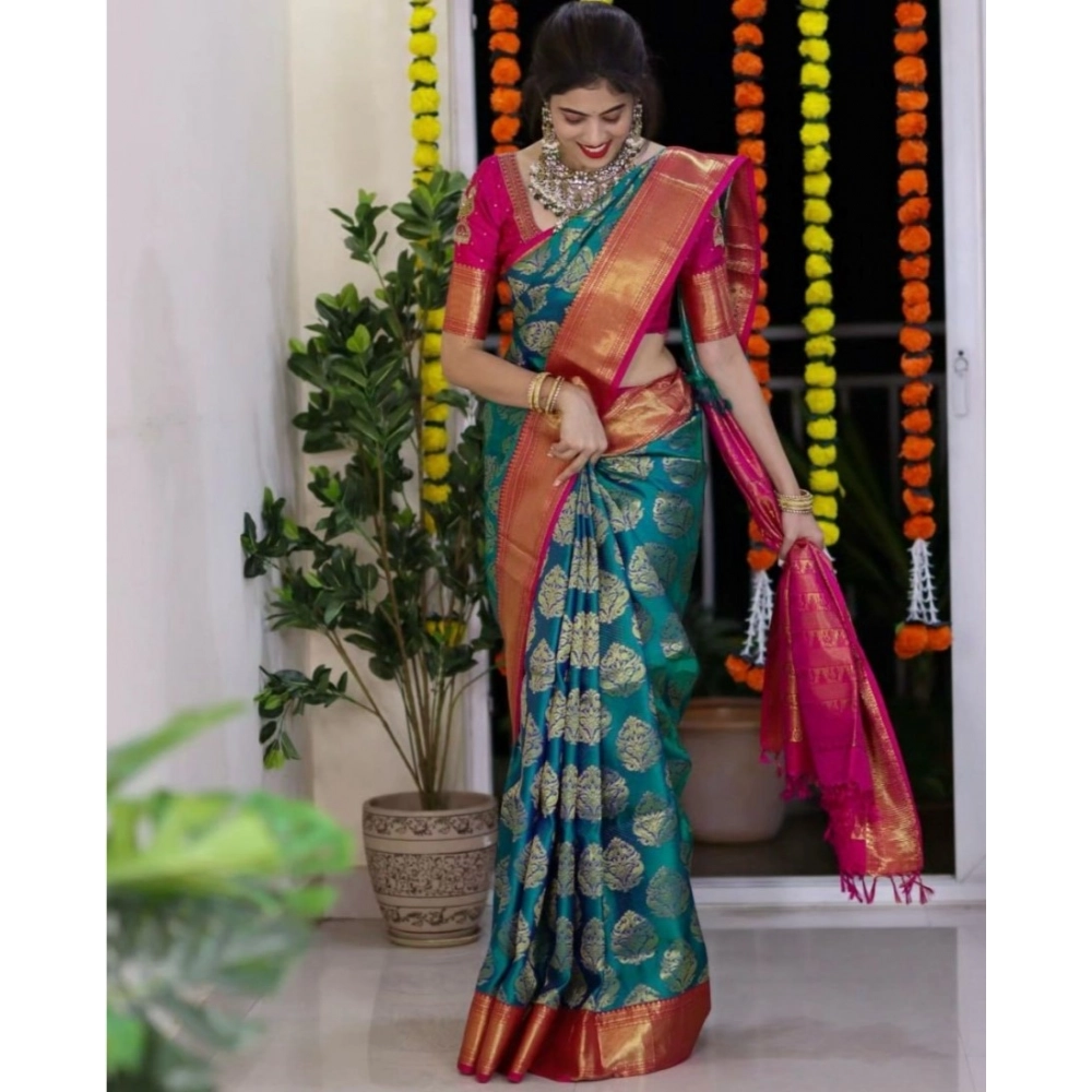 Women's Silk Printed Saree With Unstitched Blouse 5.5Mtr (Teal Blue) - Image 2