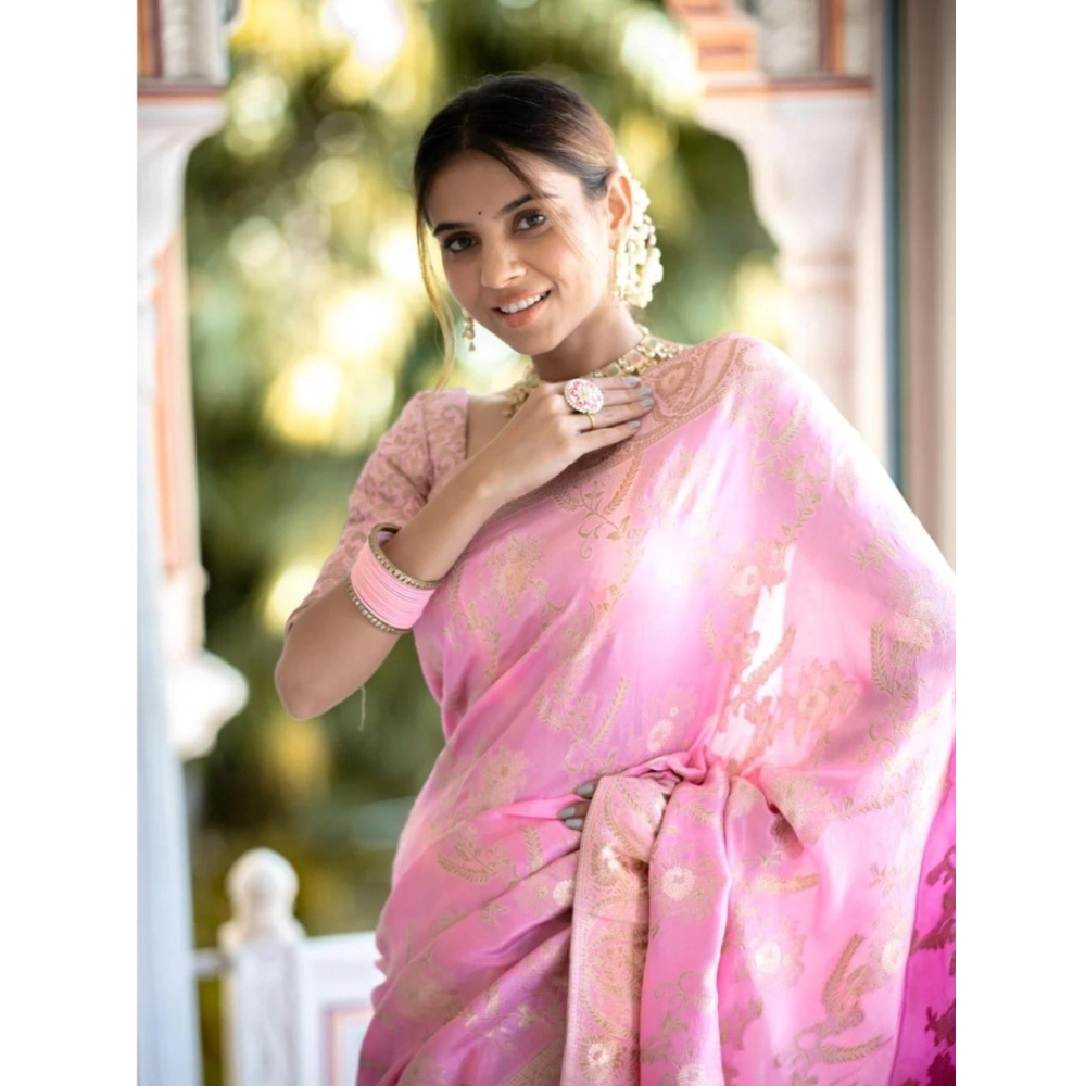 Women's Silk Printed Saree With Unstitched Blouse 5.5Mtr (Pink) - Image 3