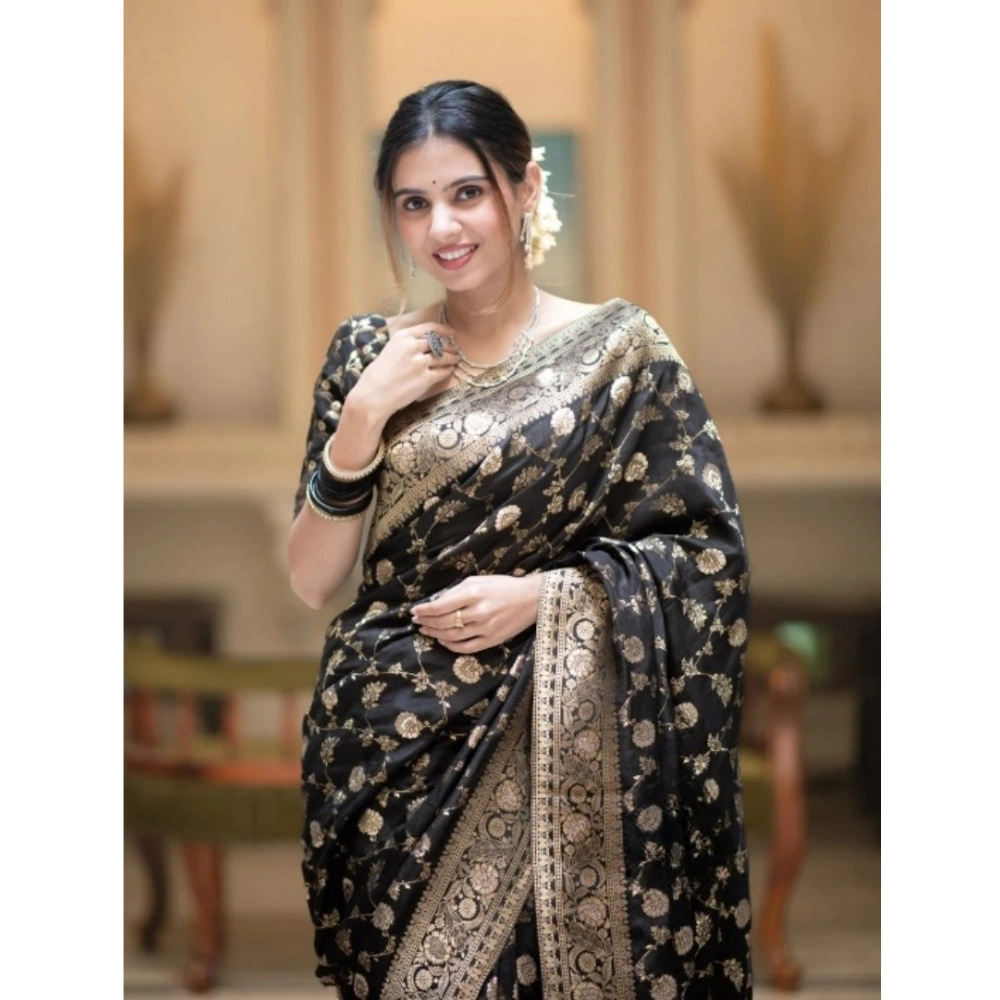 Women's Silk Printed Saree With Unstitched Blouse 5.5Mtr (Black) - Image 2