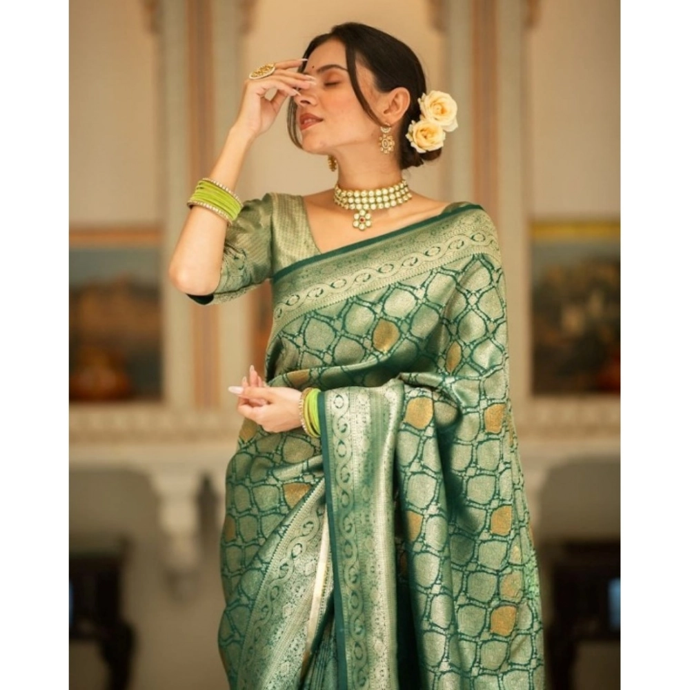 Women's Silk Printed Saree With Unstitched Blouse 5.5Mtr (Green) - Image 2