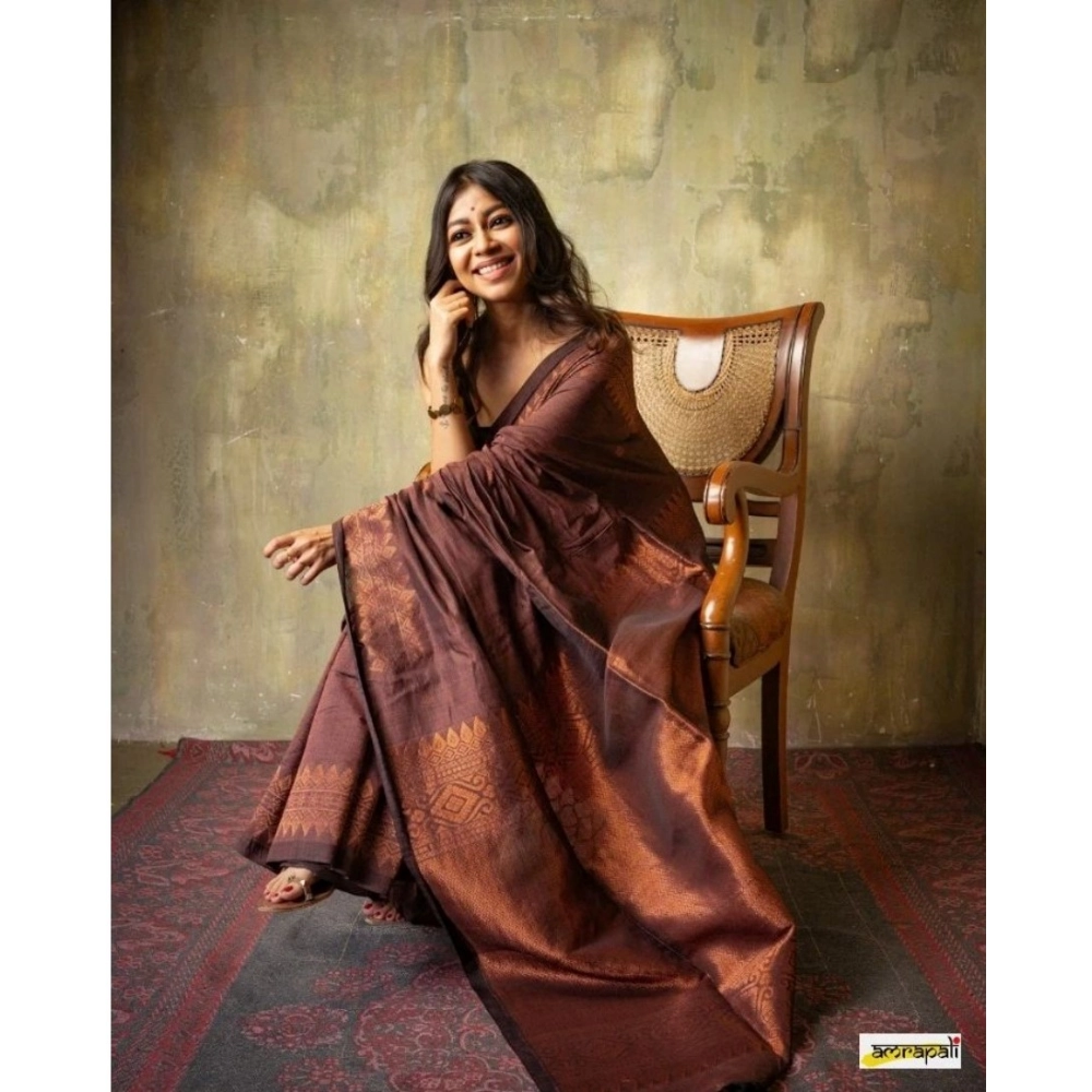 Women's Silk Printed Saree With Unstitched Blouse 5.5Mtr (Coffee) - Image 3