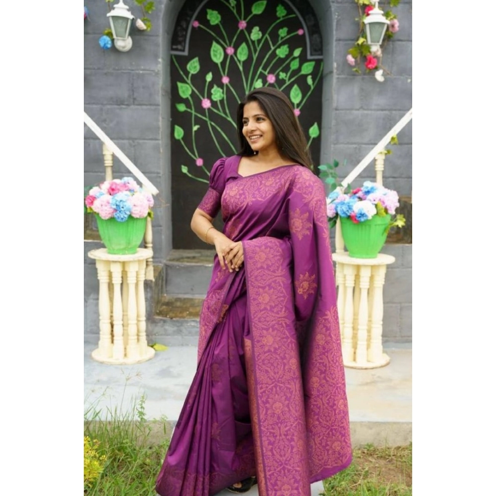 Women's Silk Printed Saree With Unstitched Blouse 5.5Mtr (Purple) - Image 2