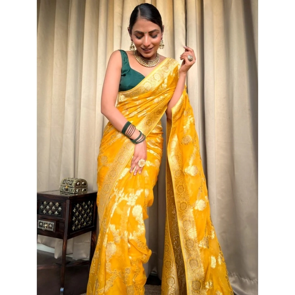 Women's Silk Printed Saree With Unstitched Blouse 5.5Mtr (Gold Yellow) - Image 2