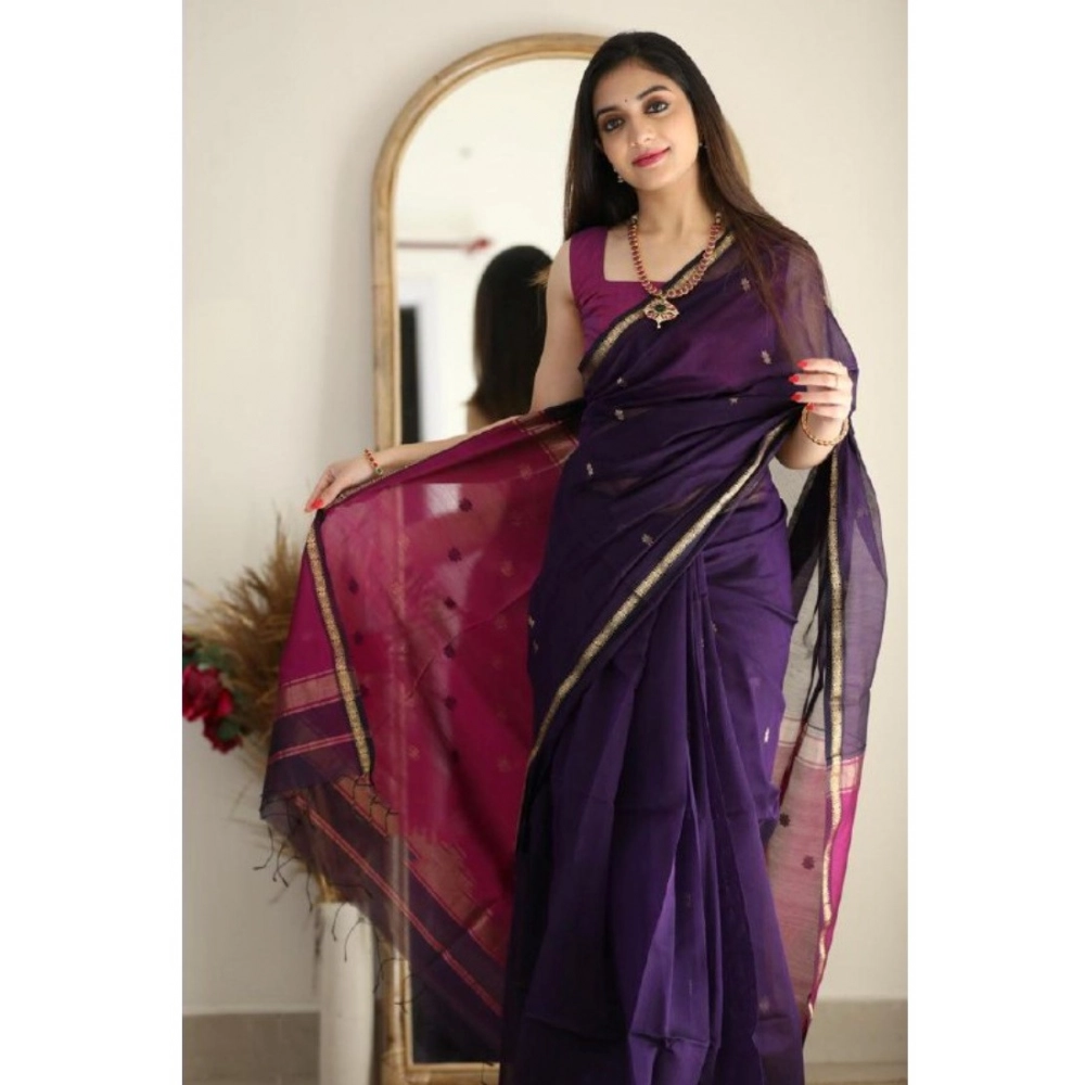 Women's Cotton Printed Saree With Unstitched Blouse 5.5Mtr (Navy Blue) - Image 2