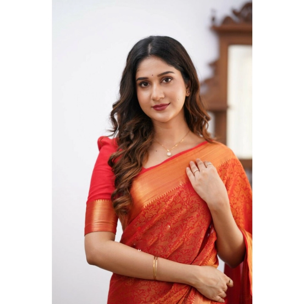 Women's Silk Printed Saree With Unstitched Blouse 5.5Mtr (Orange) - Image 2