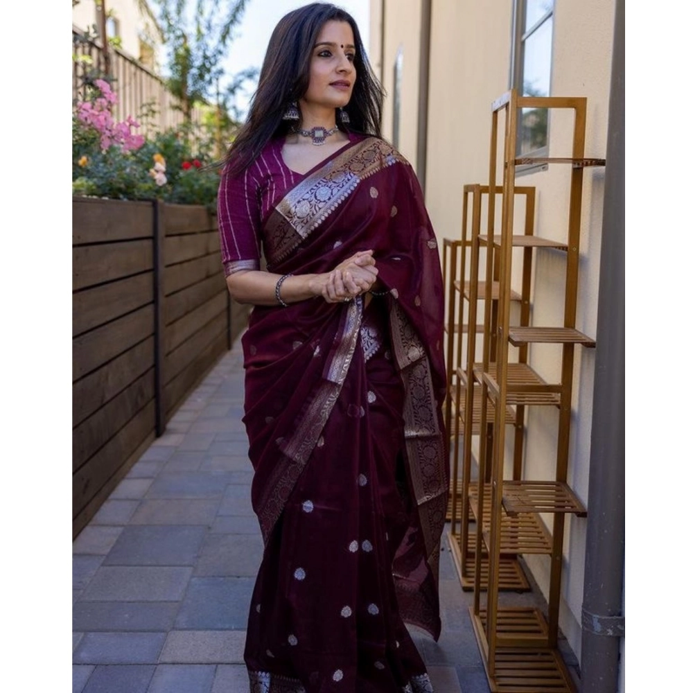 Women's Cotton Printed Saree With Unstitched Blouse 5.5Mtr (Maroon) - Image 2