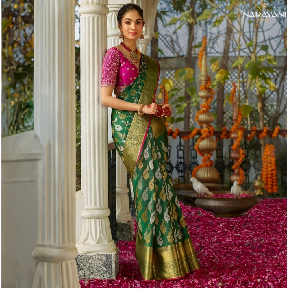 Women's Silk Printed Saree With Unstitched Blouse 5.5Mtr (Green) - Image 2