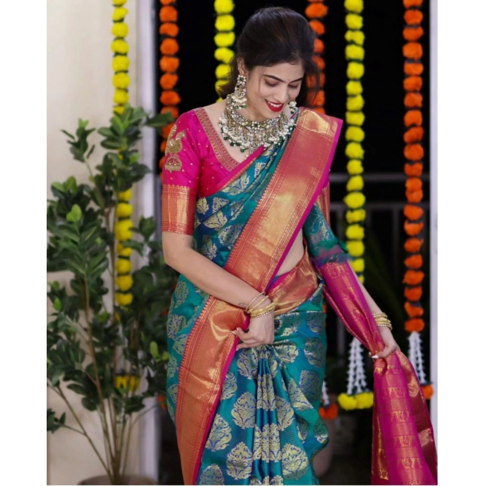 Women's Silk Printed Saree With Unstitched Blouse 5.5Mtr (Teal Blue) - Image 3