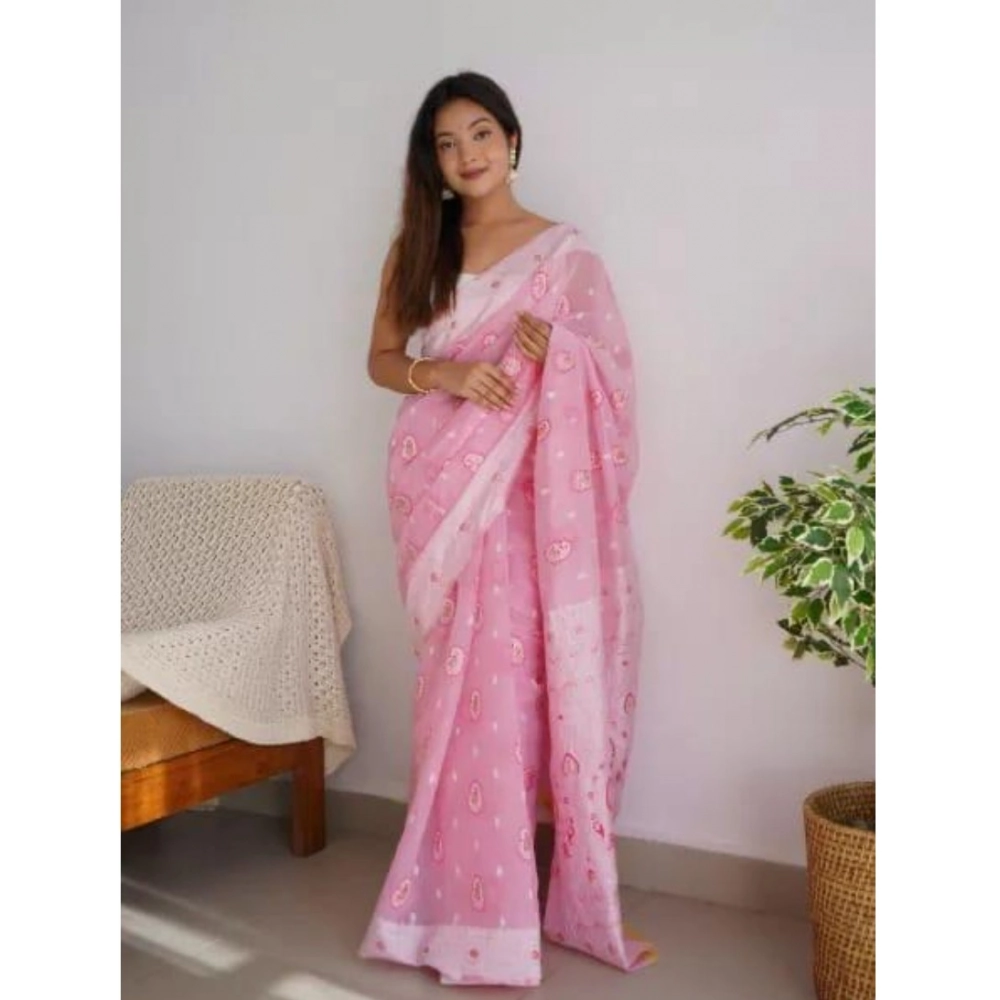 Women's Cotton Printed Saree With Unstitched Blouse 5.5Mtr (Pink) - Image 2