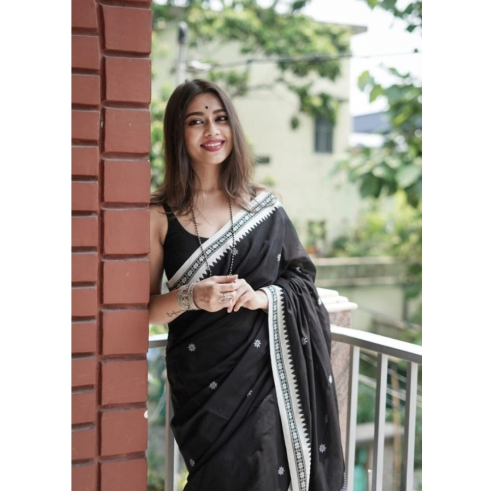 Women's Cotton Printed Saree With Unstitched Blouse 5.5Mtr (Black) - Image 3