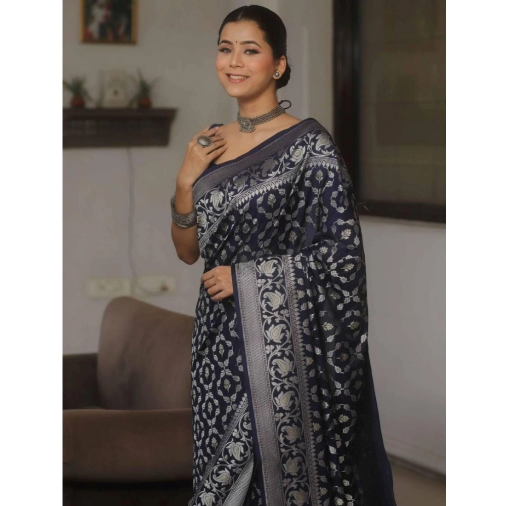 Women's Silk Printed Saree With Unstitched Blouse 5.5Mtr (Navy Blue) - Image 2