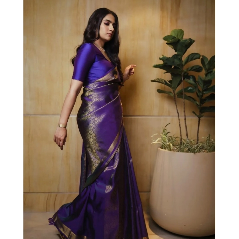 Women's Silk Printed Saree With Unstitched Blouse 5.5Mtr (Purple) - Image 2