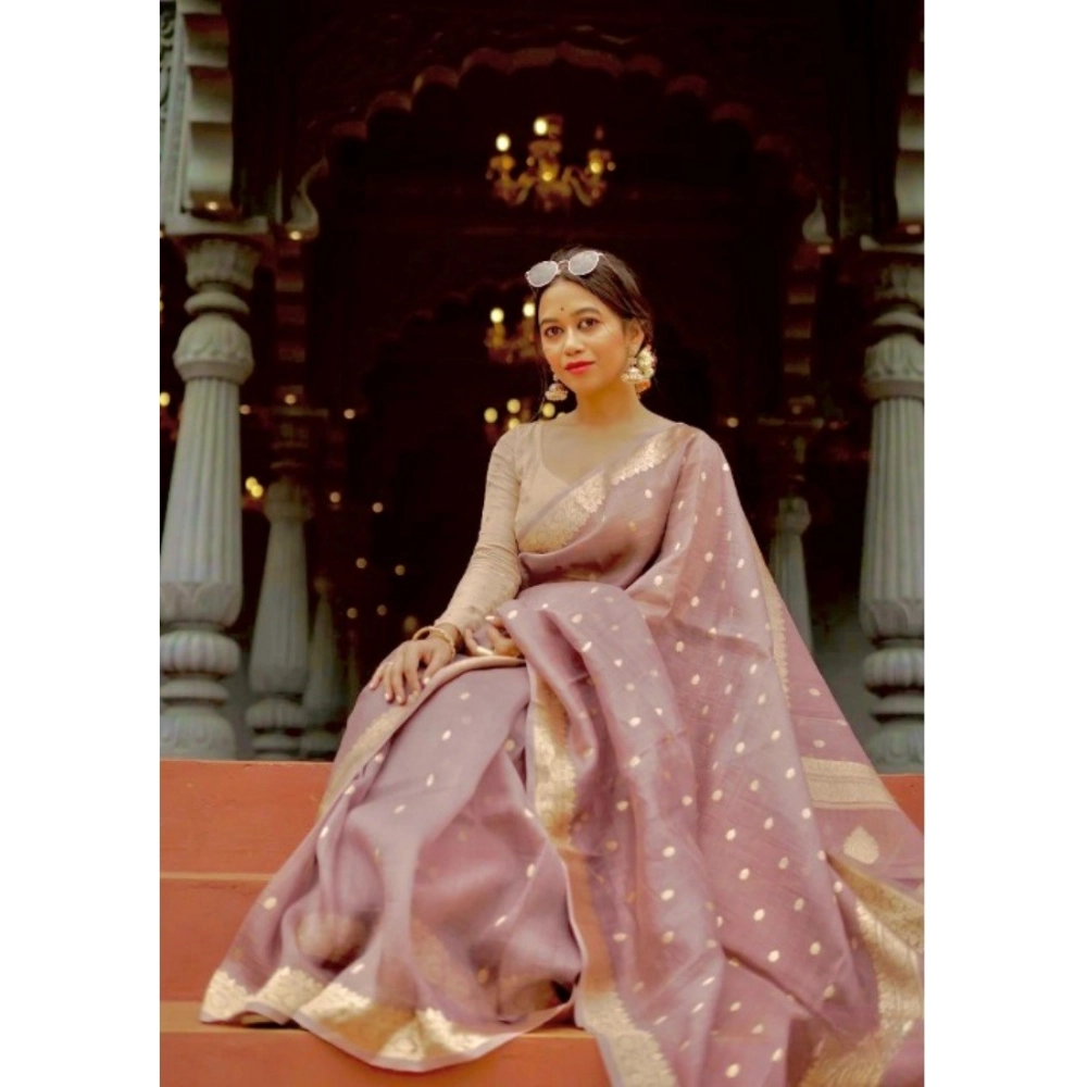 Women's Cotton Printed Saree With Unstitched Blouse 5.5Mtr (Rose Gold) - Image 3