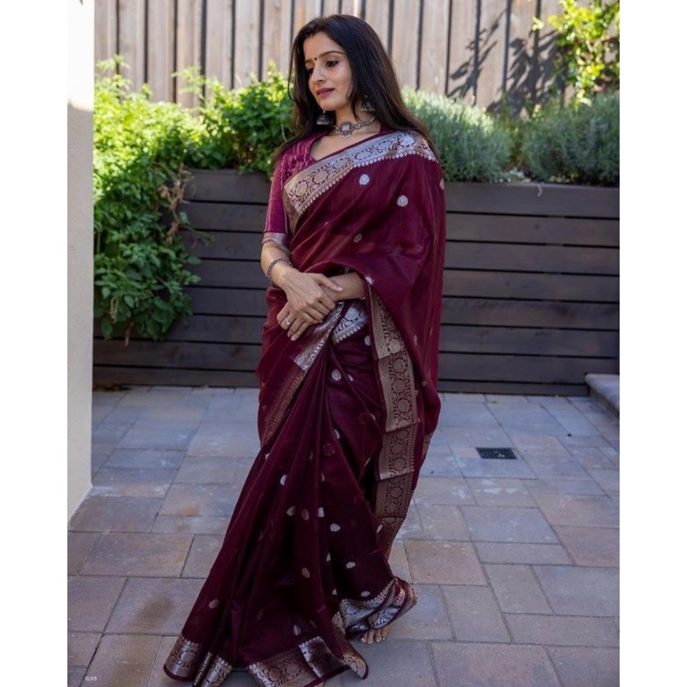 Women's Cotton Printed Saree With Unstitched Blouse 5.5Mtr (Maroon) - Image 3