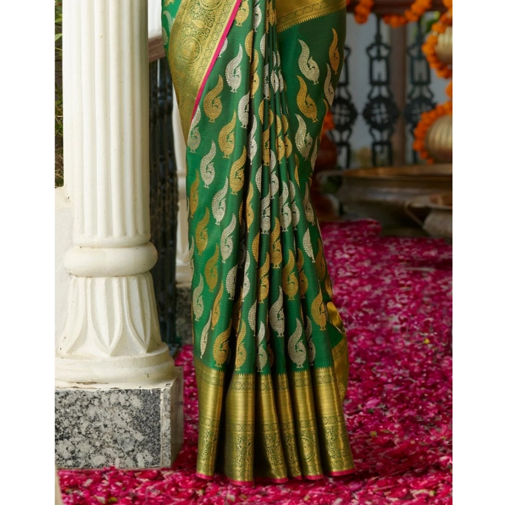 Women's Silk Printed Saree With Unstitched Blouse 5.5Mtr (Green) - Image 3