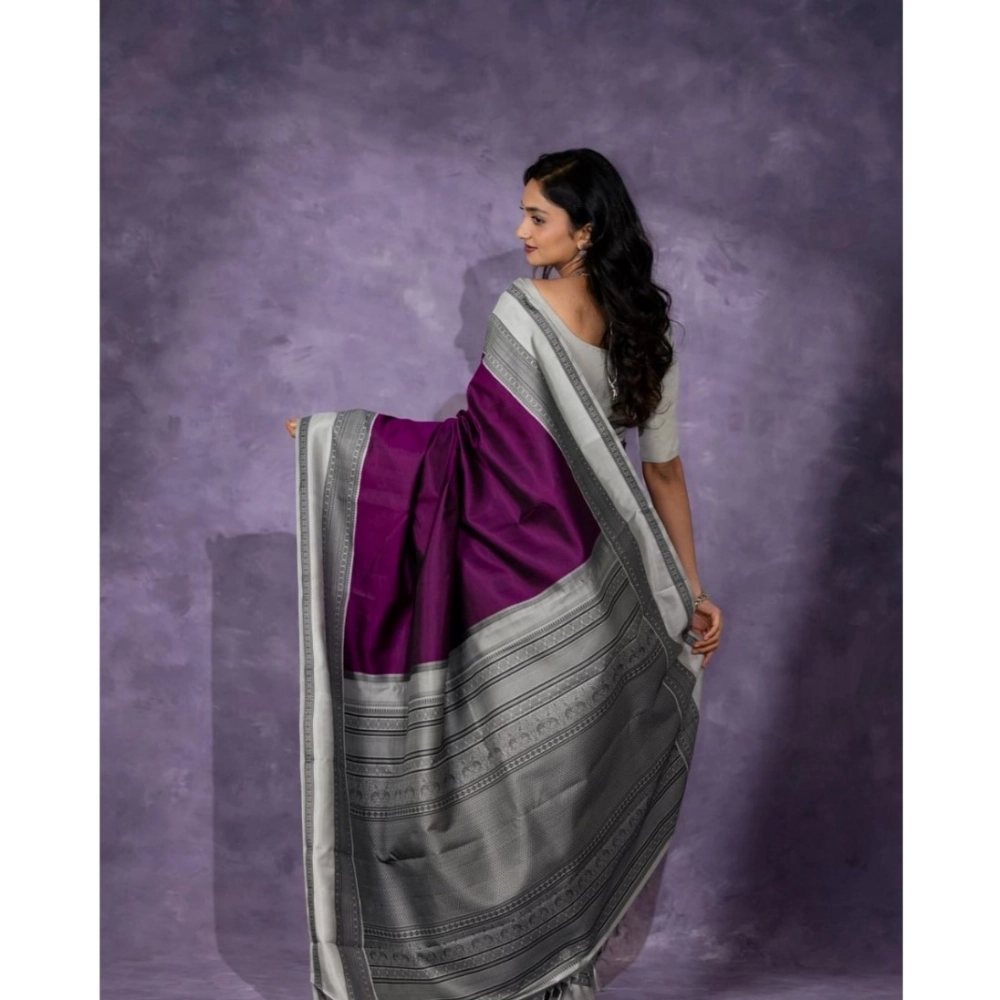 Women's Silk Printed Saree With Unstitched Blouse 5.5Mtr (Purple) - Image 3