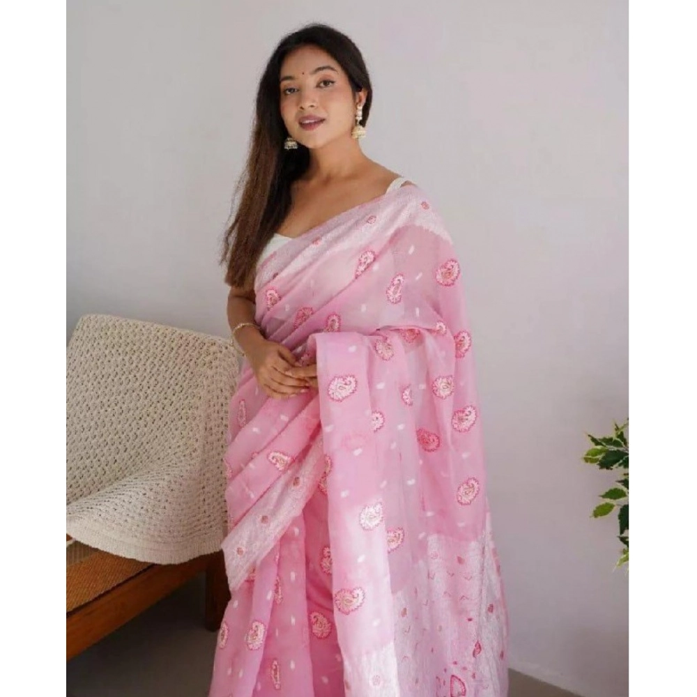Women's Cotton Printed Saree With Unstitched Blouse 5.5Mtr (Pink) - Image 3