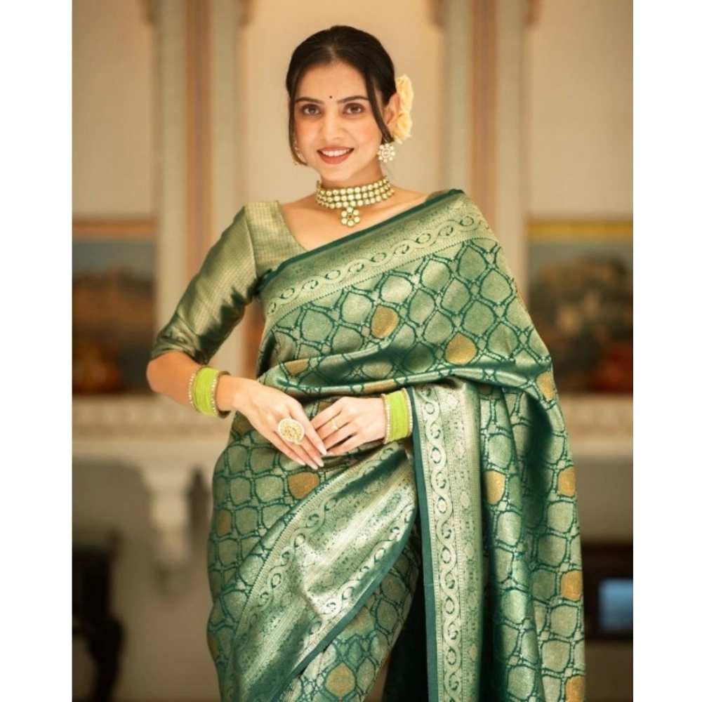 Women's Silk Printed Saree With Unstitched Blouse 5.5Mtr (Green) - Image 3