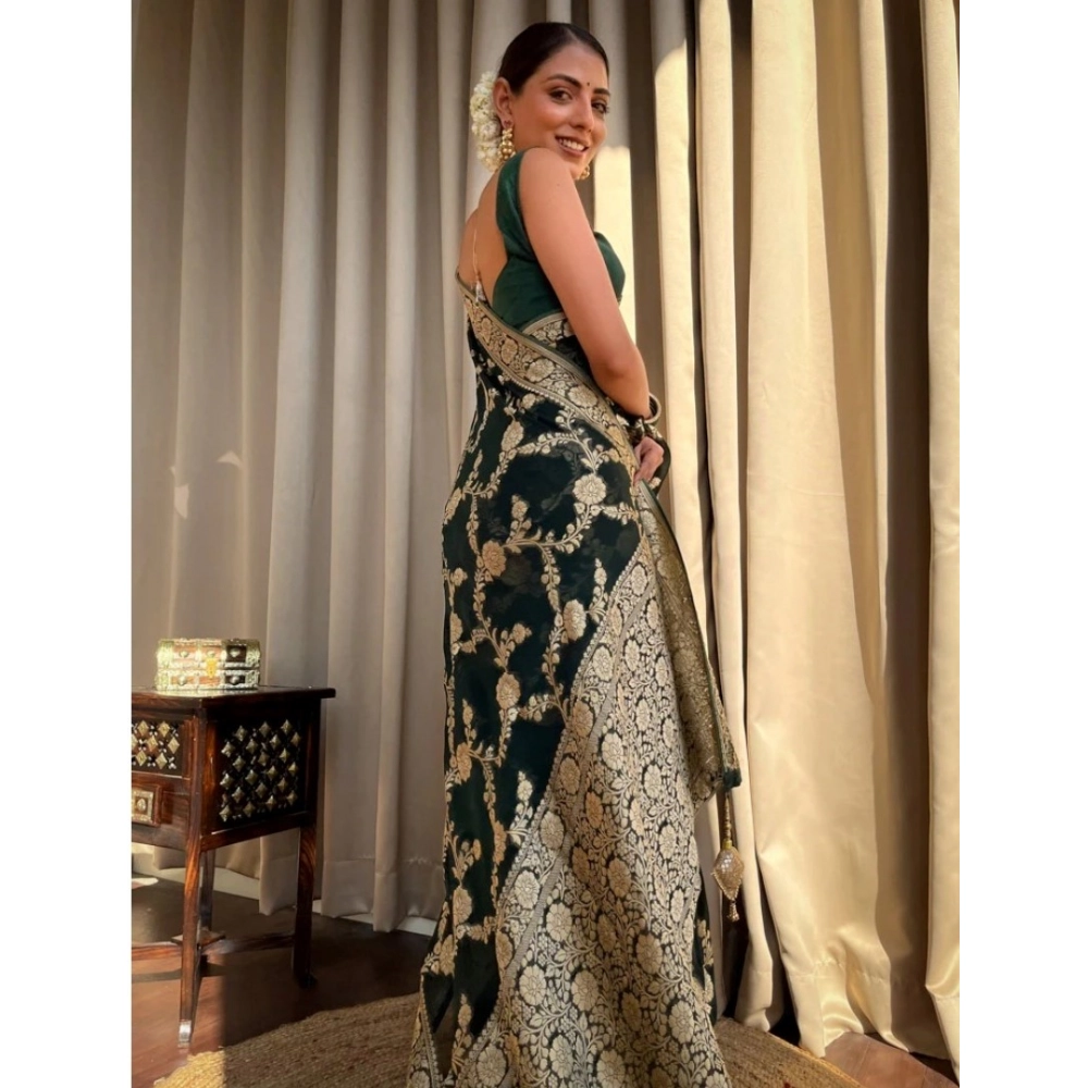 Women's Silk Printed Saree With Unstitched Blouse 5.5Mtr (Dark Green) - Image 3