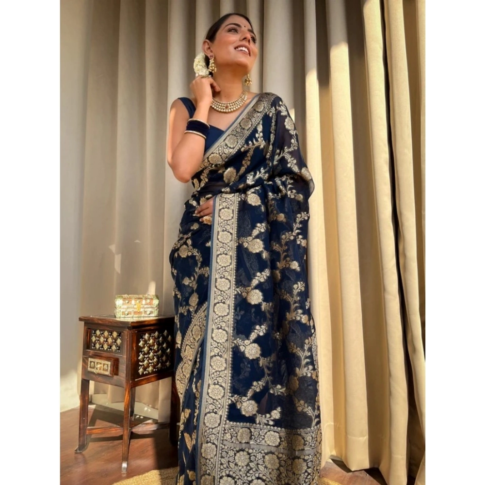 Women's Silk Printed Saree With Unstitched Blouse 5.5Mtr (Dark Blue) 3 Women's Silk Printed Saree With Unstitched Blouse 5.5Mtr (Dark Blue) - Image 3
