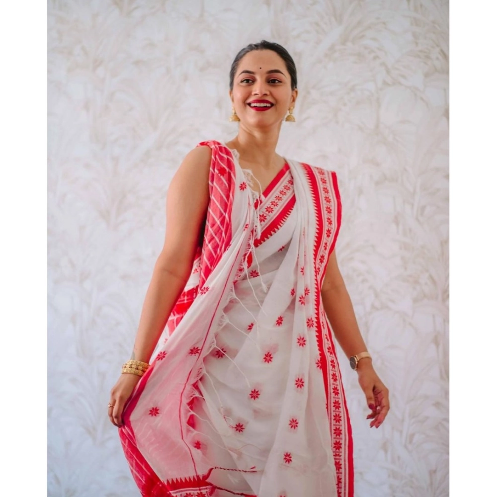 Women's Cotton Printed Saree With Unstitched Blouse 5.5Mtr (White-Pink) - Image 2
