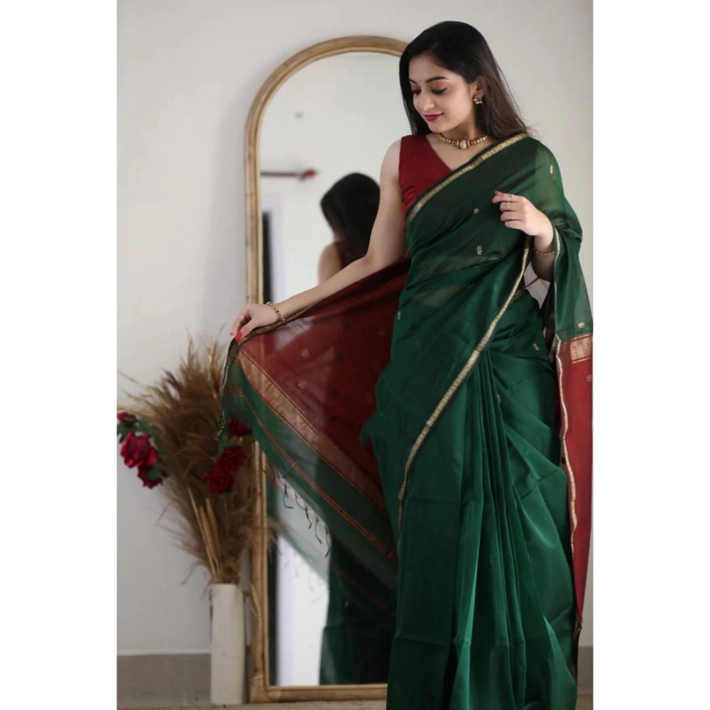 Women's Cotton Printed Saree With Unstitched Blouse 5.5Mtr (Dark Green) - Image 3