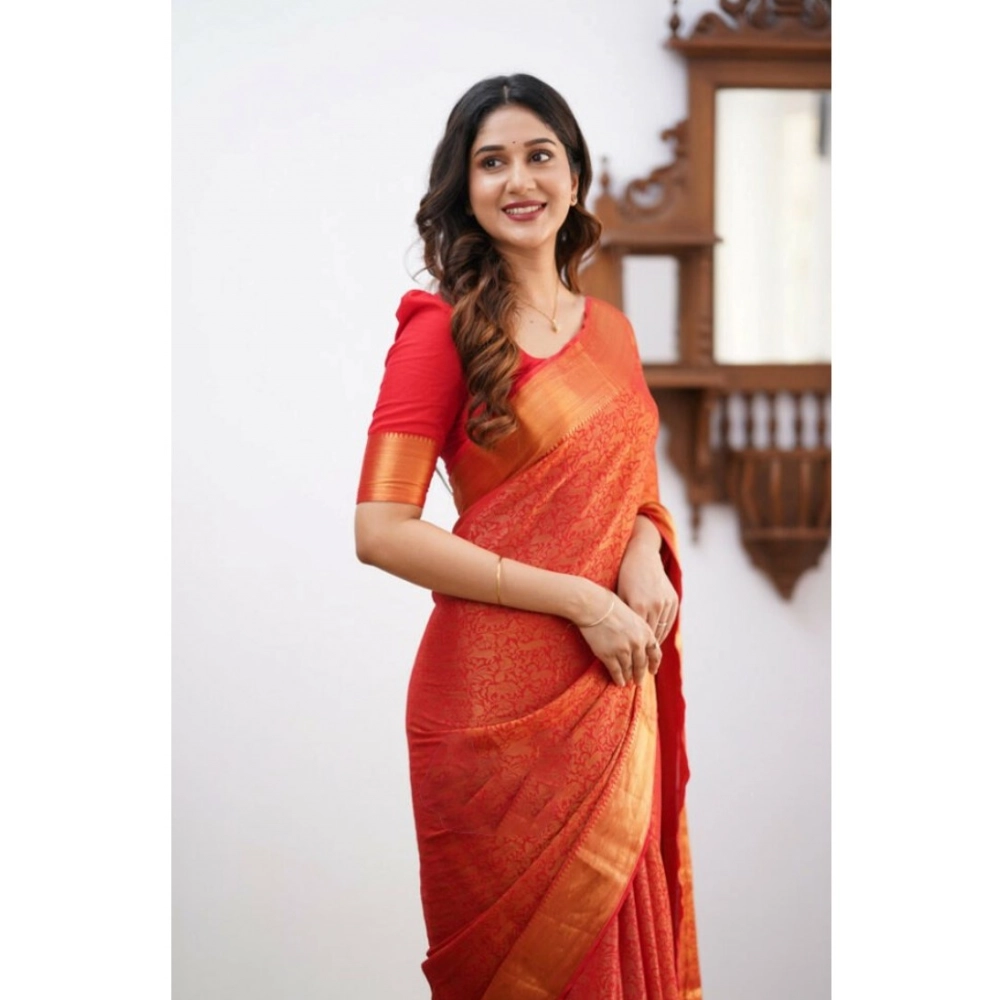 Women's Silk Printed Saree With Unstitched Blouse 5.5Mtr (Orange) - Image 3