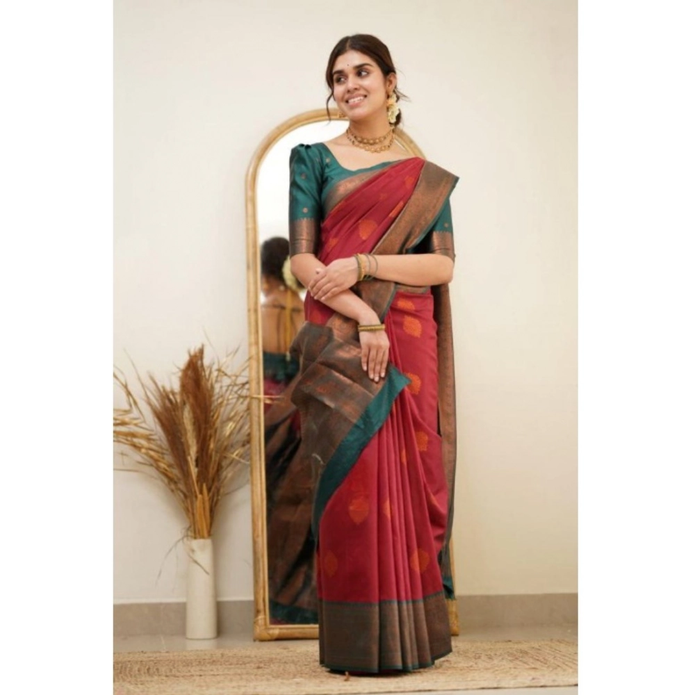 Women's Silk Printed Saree With Unstitched Blouse 5.5Mtr (Red) - Image 2