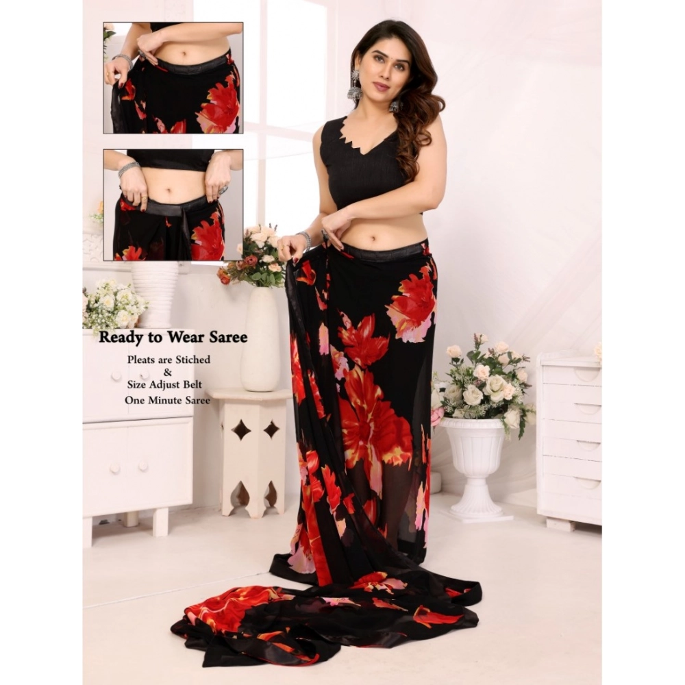 Women's Small Lace Georgette Printed Ready-to-Wear Saree With Unstitched Blouse 5.5 Mtr (Black-Red) 3 Women's Small Lace Georgette Printed Ready-to-Wear Saree With Unstitched Blouse 5.5 Mtr (Black-Red) - Image 3