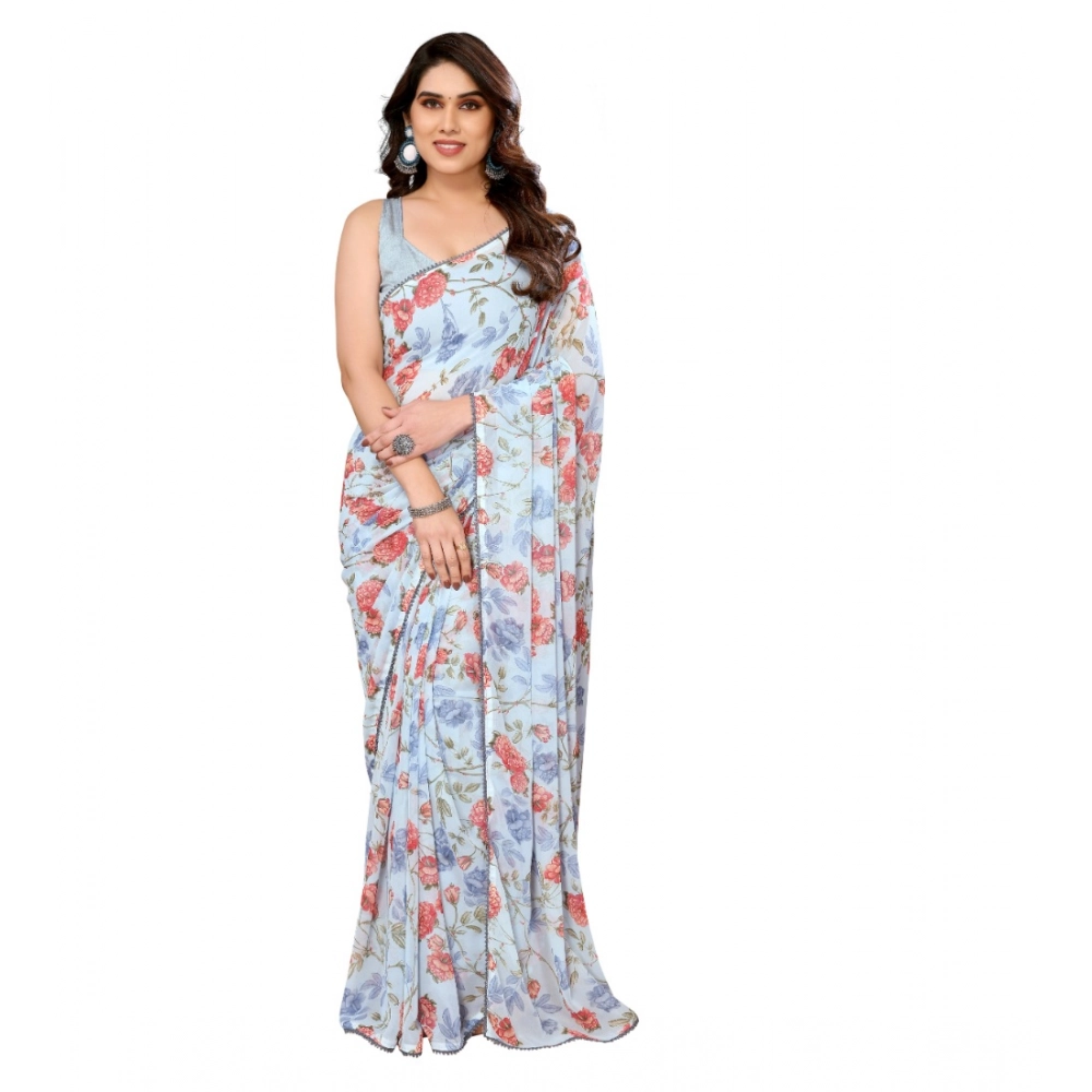 Women's Small Lace Georgette Printed Ready-to-Wear Saree With Unstitched Blouse 5.5 Mtr (Sky Blue) 1 Women's Small Lace Georgette Printed Ready-to-Wear Saree With Unstitched Blouse 5.5 Mtr (Sky Blue)