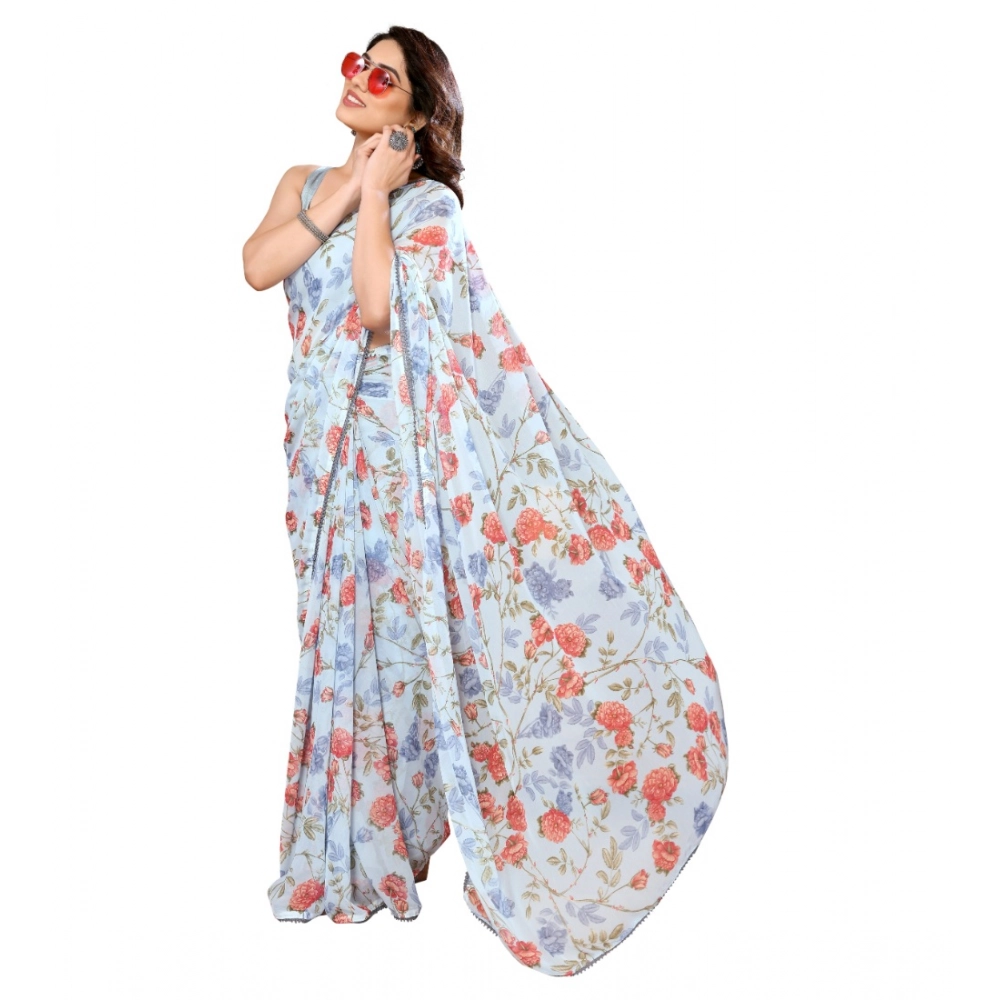 Women's Small Lace Georgette Printed Ready-to-Wear Saree With Unstitched Blouse 5.5 Mtr (Sky Blue) 2 Women's Small Lace Georgette Printed Ready-to-Wear Saree With Unstitched Blouse 5.5 Mtr (Sky Blue) - Image 2