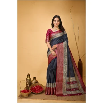 Women's Soft Dola Cotton Kalamkari Printed Saree With Unstitched Blouse 5.5Mtr (Grey)