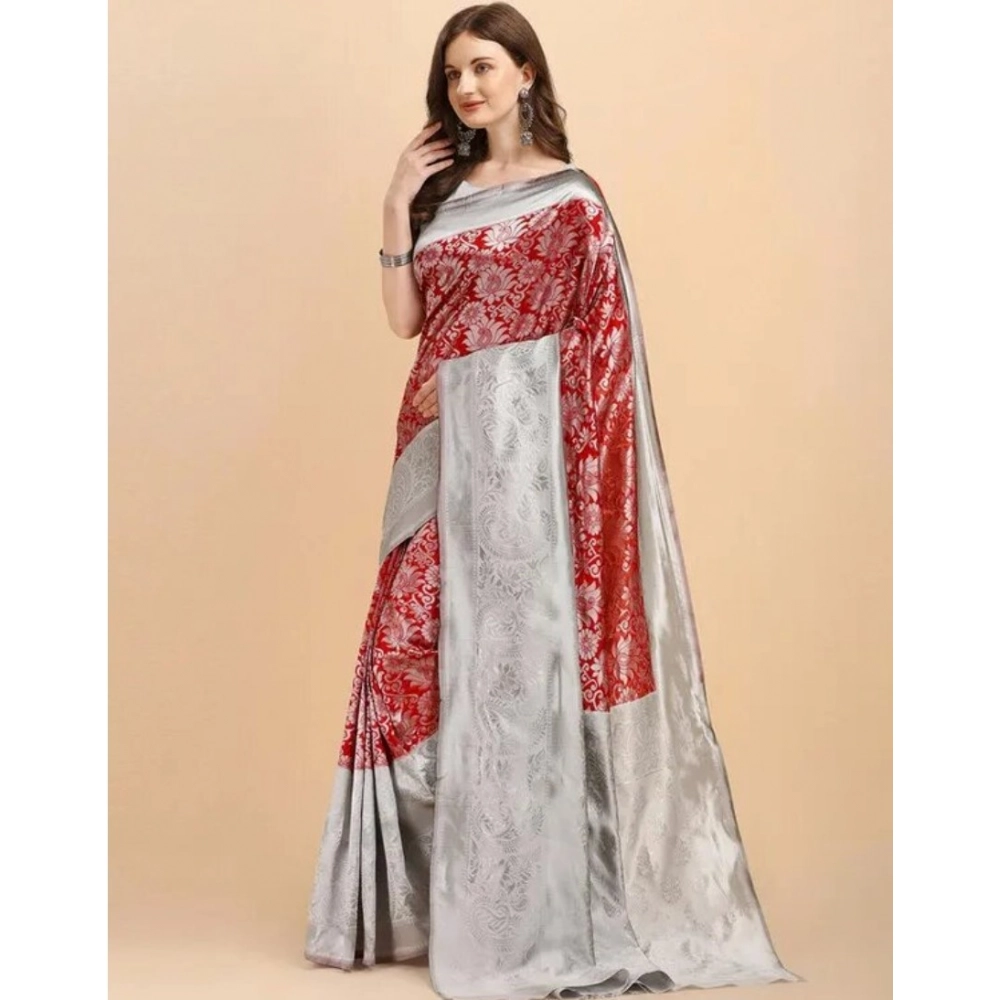 Women's Soft Lichi Silk Printed Saree With Unstitched Blouse 5.5Mtr (Red) - Image 4