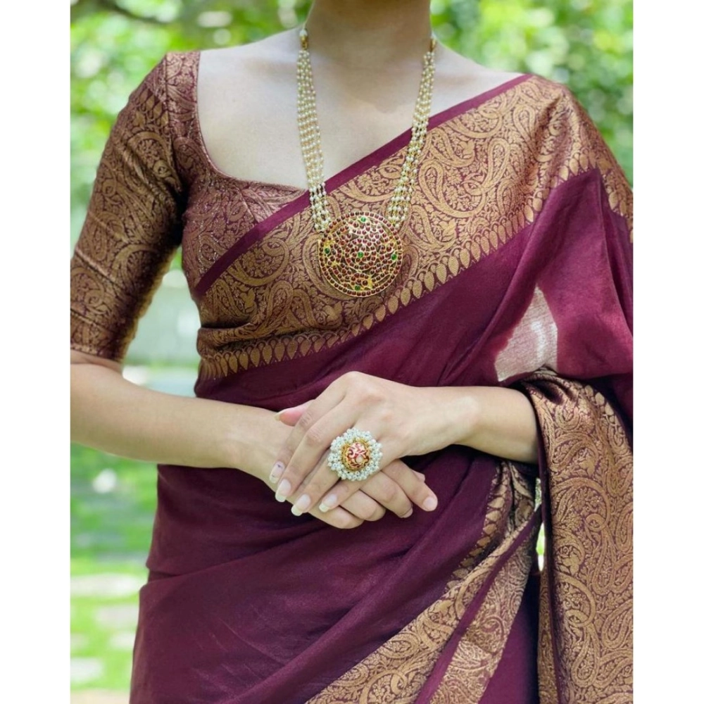 Women's Soft Lichi Silk Solid Saree With Unstitched Blouse 5.5Mtr (Maroon) - Image 2