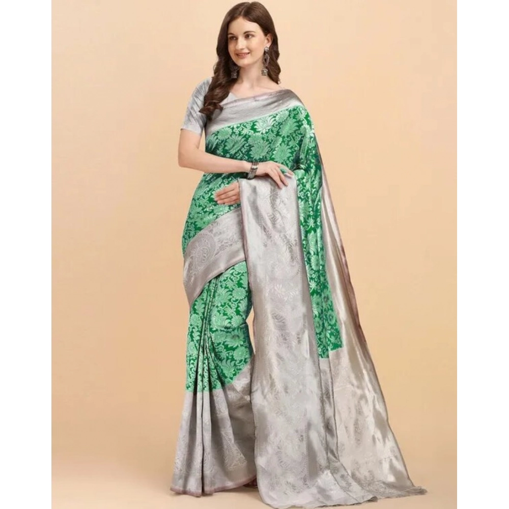 Women's Soft Lichi Silk Printed Saree With Unstitched Blouse 5.5Mtr (Green) - Image 2
