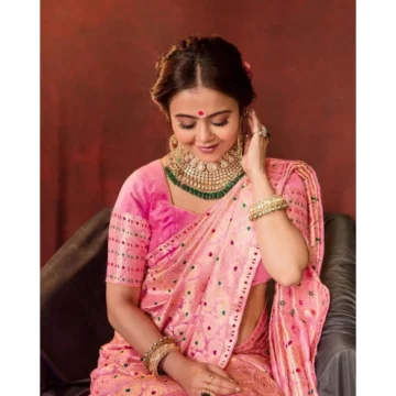 Women's Soft Lichi Silk Printed Saree With Unstitched Blouse 5.5Mtr (Pink)