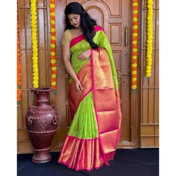 Women's Soft Lichi Silk Printed Saree With Unstitched Blouse 5.5Mtr (Green)