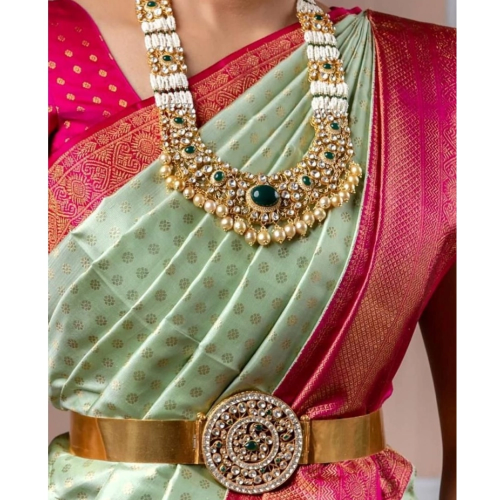 Women's Soft Lichi Silk Printed Saree With Unstitched Blouse 5.5Mtr (Light Green) - Image 4