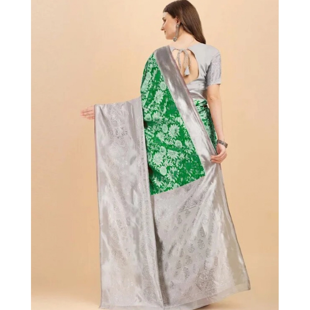 Women's Soft Lichi Silk Printed Saree With Unstitched Blouse 5.5Mtr (Green) - Image 3